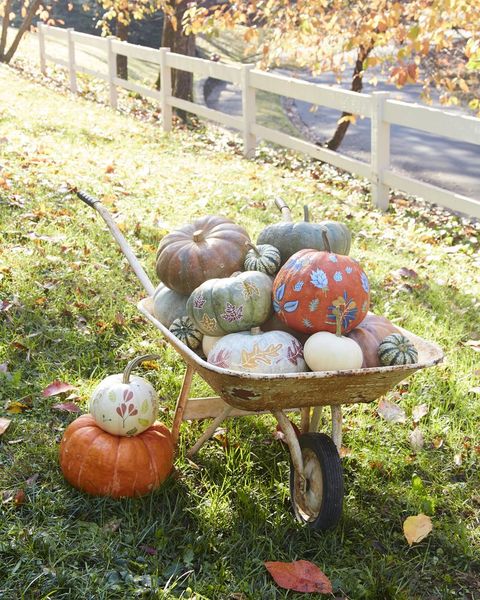 vintage wheelbarrow piled high with pumpkins painted and decorated with leaf designs, displayed on leaf strewn lawn