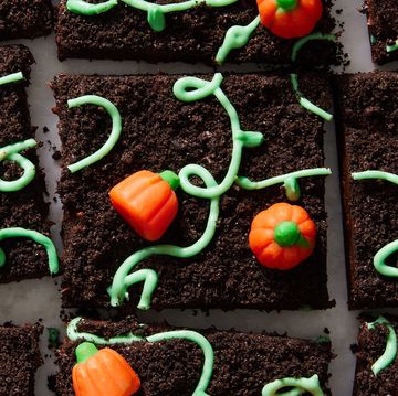 brownies with pumpkin candies and green icing