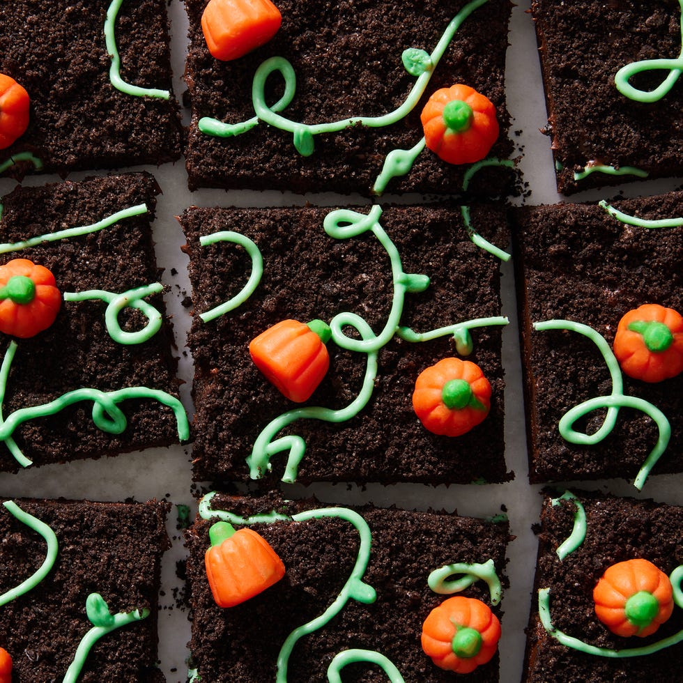 brownies with pumpkin candies and green icing