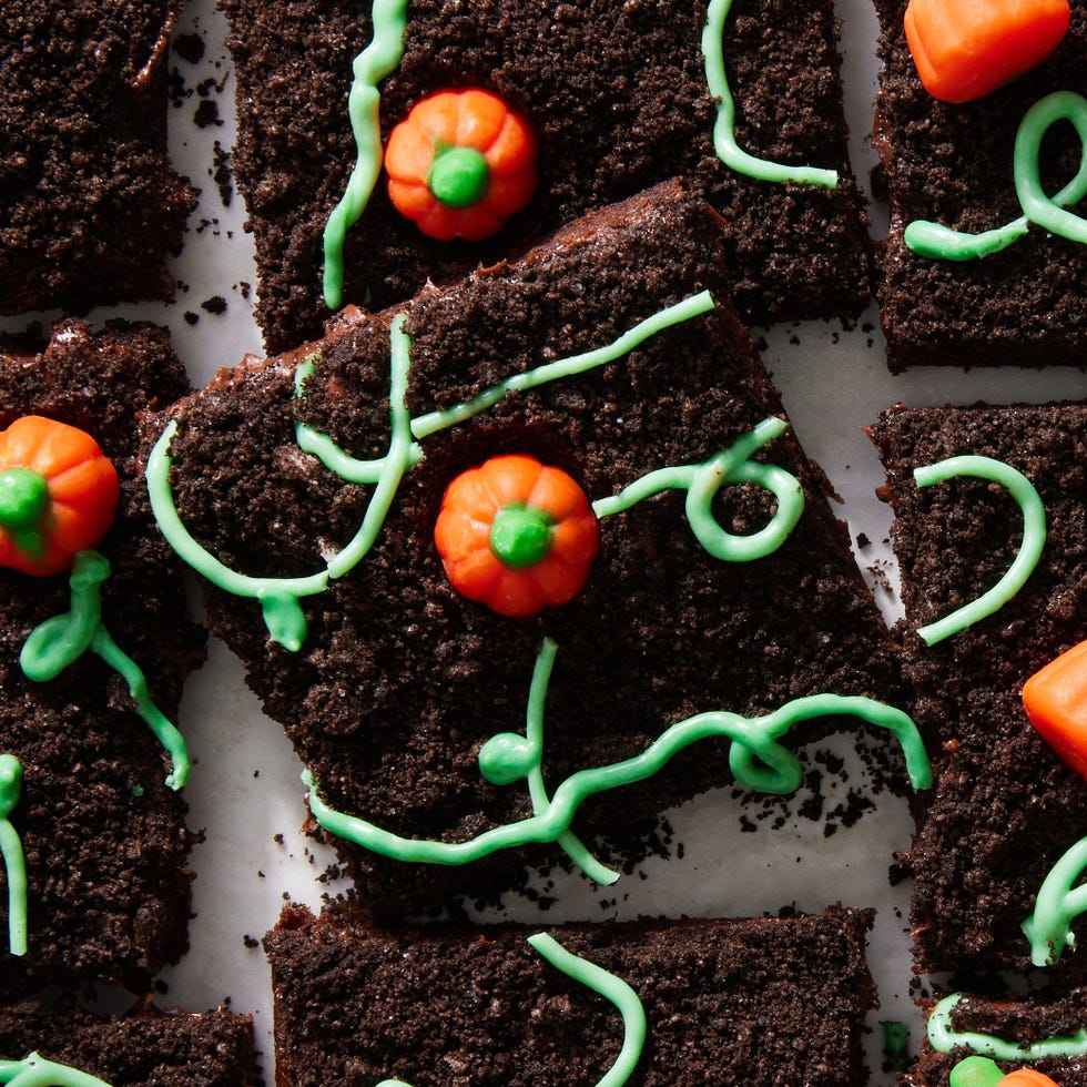 brownies with pumpkin candies and green icing