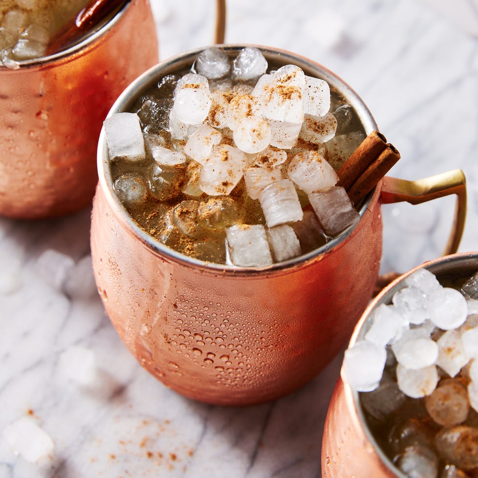 pumpkin spice mules with cinnamon garnish in a mule mug