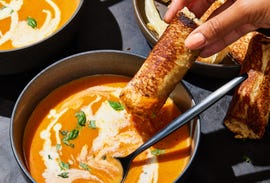 pumpkin tomato soup with grilled swiss cheese sticks