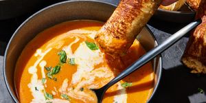 pumpkin tomato soup with grilled swiss cheese sticks