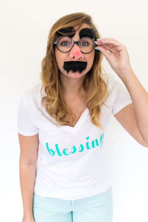 blessing in disguise pun costume with shirt that says blessing and disguise glasses with eyebrows, nose and mustache attached