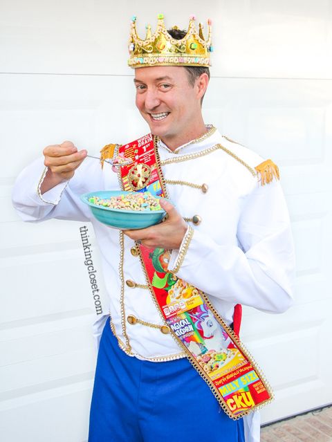 man dressed in prince outfit with bowl of lucky charms