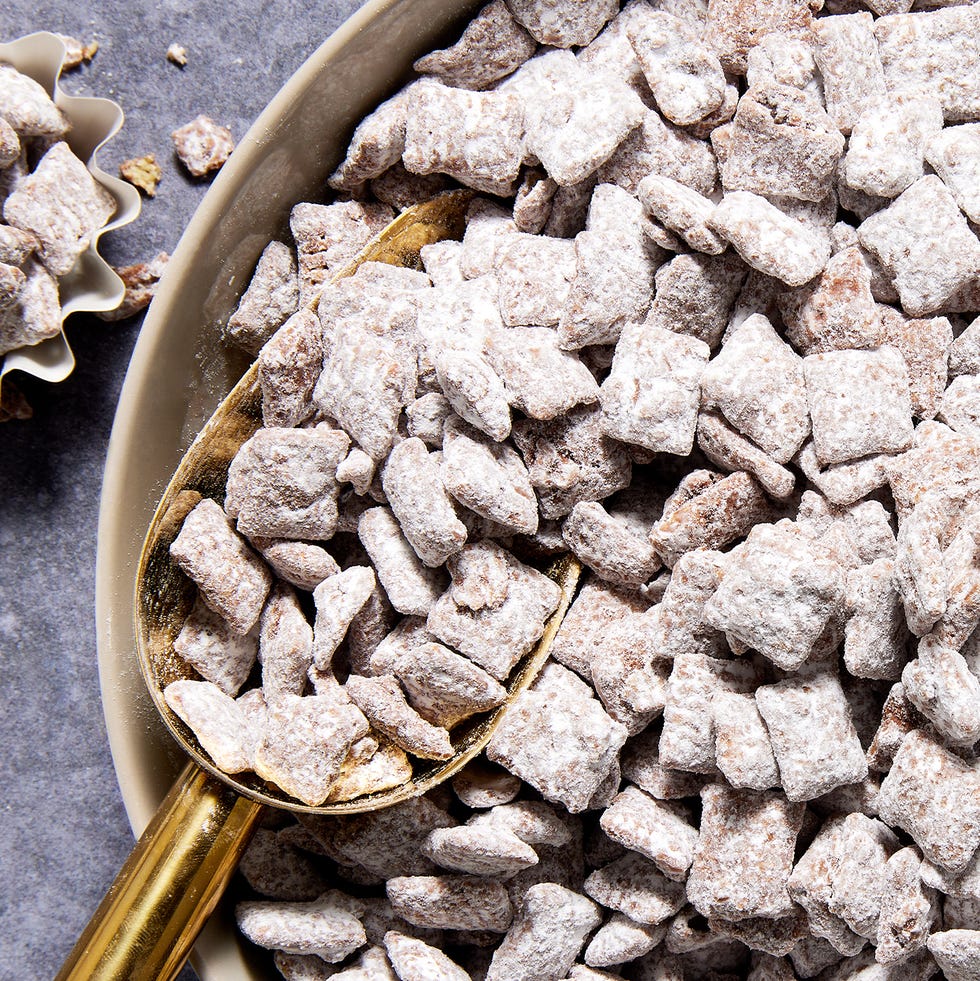 chex mix tossed in peanut butter and powdered sugar