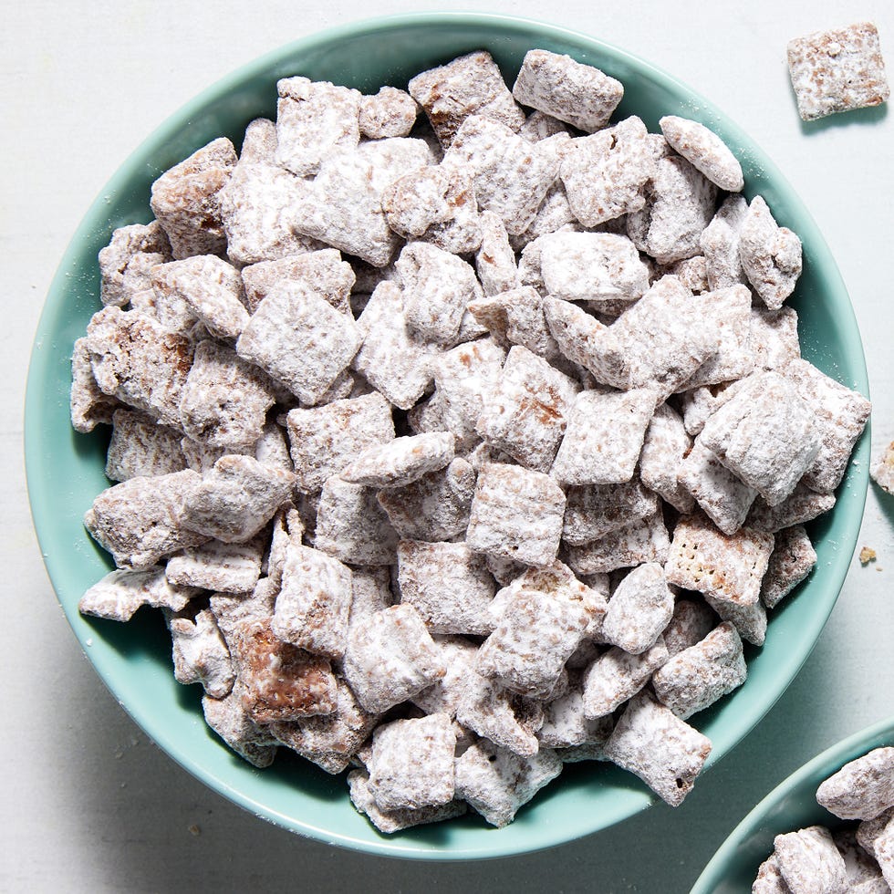 chex mix tossed in peanut butter and powdered sugar