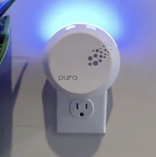 white circular fragrance holder plugged into an outlet on the left and the inside of the holder on the right with two fragrance capsules in it that are blue