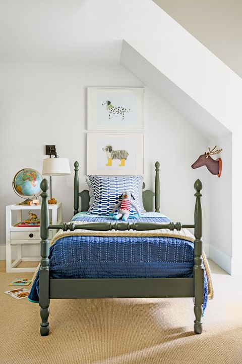 Bedroom, Bed, Furniture, Room, Bed frame, Blue, Bed sheet, Green, Yellow, Interior design, 