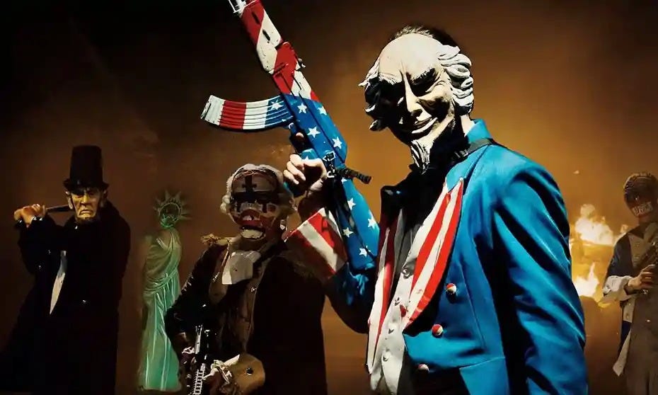 a man in wears an uncle sam suit and mask and holds a gun painted in stars and stripes in a scene from the purge election year, the third film if you want to watch the purge movies in order