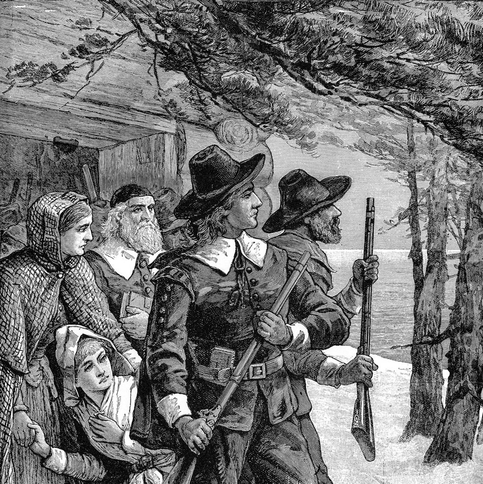 a black and white drawing of puritans in the winter