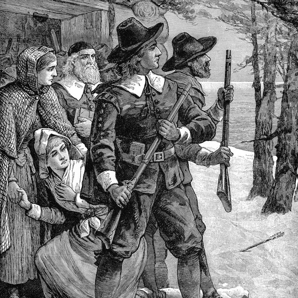 a black and white drawing of puritans in the winter