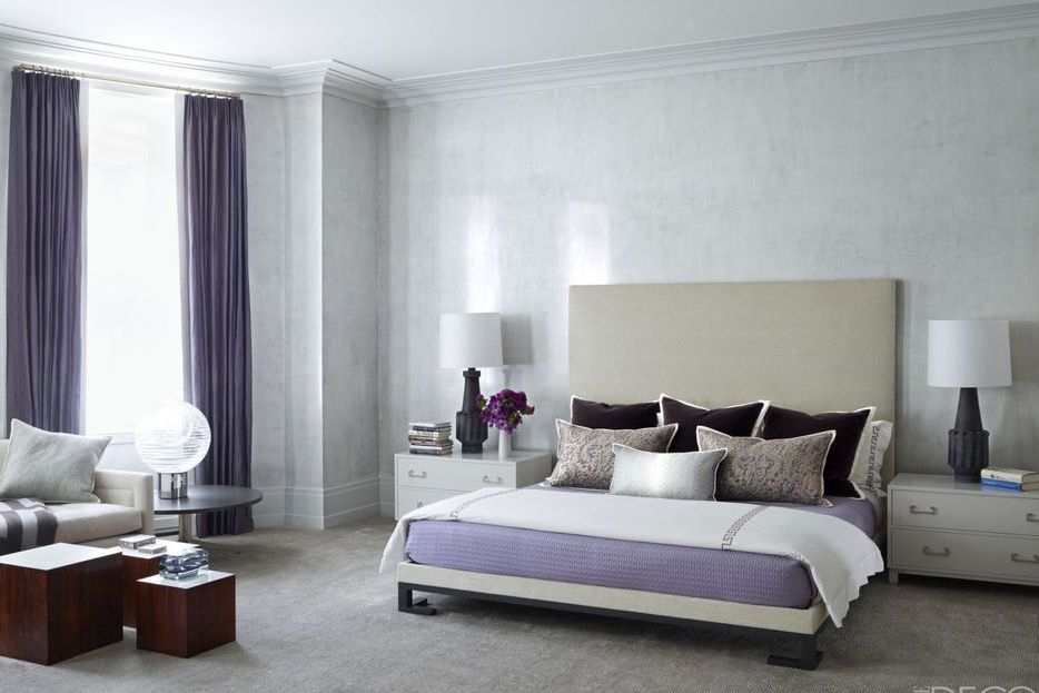 grey and purple master bedroom