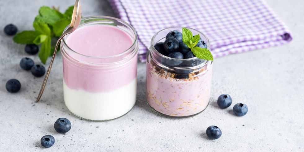 purple greek yogurt with blueberries