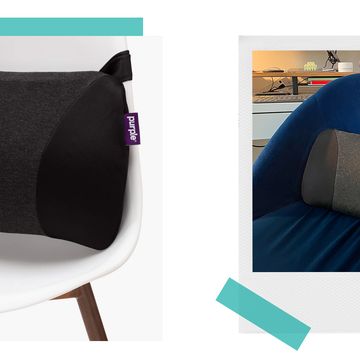 purple lumbar pillow on blue velvet desk chair