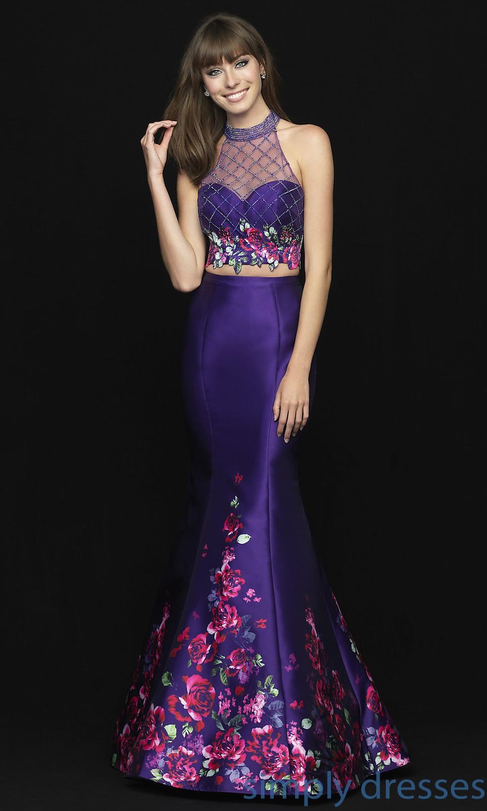 Cute V Neck Two Pieces Purple Lace Prom Dress, 2 Pieces Purple