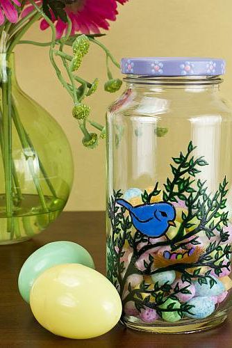 earth day crafts upcycled candy jar with bird and tree design