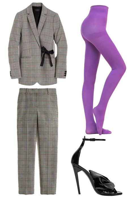 Clothing, Suit, Purple, Violet, Trousers, Standing, Pink, Footwear, Leggings, Formal wear, 