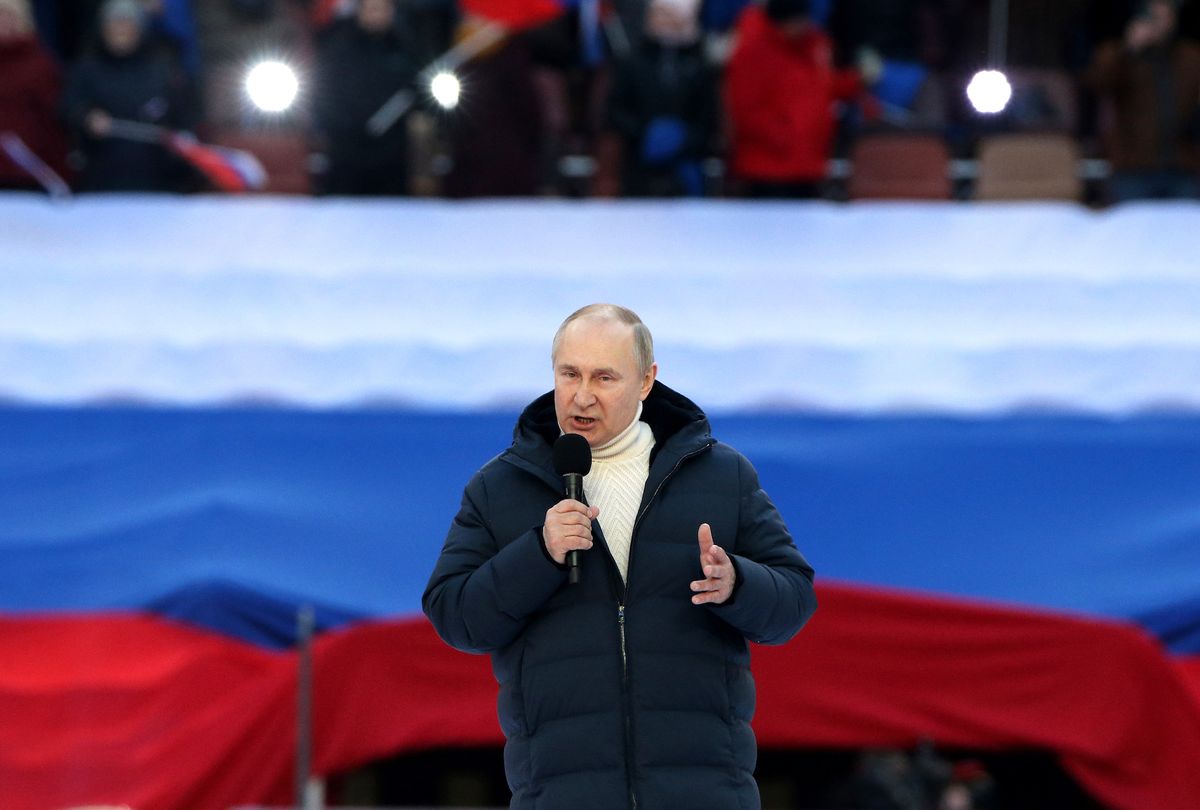 moscow, russia   march,18 russia out russian president vladimir putin speeches during the concert marking the anniversary of the annexation of crimea, march,18,2022, in moscow, russia thousands people gathered at luznkiki stadium to support president putin, annexation of crimea and military invasion on ukraine photo by contributorgetty images