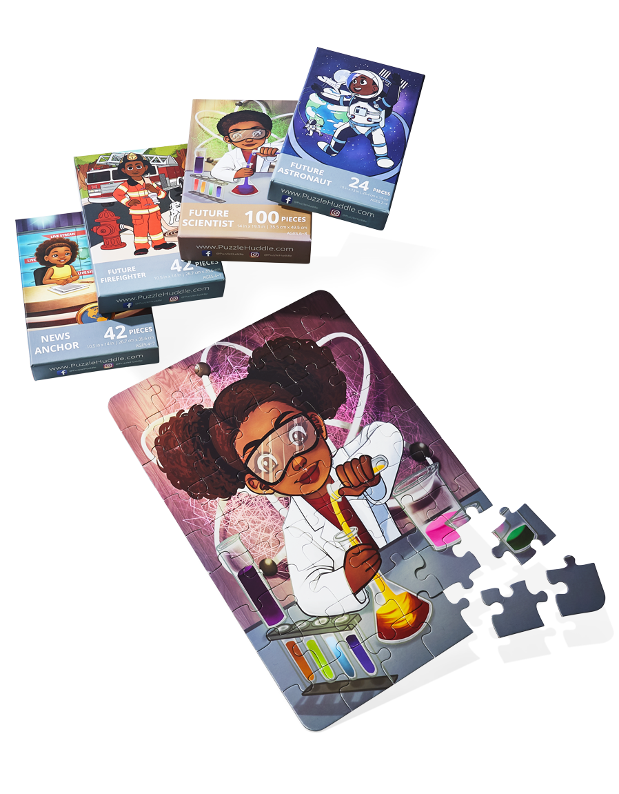 children's puzzle with the image of a little black girl scientist