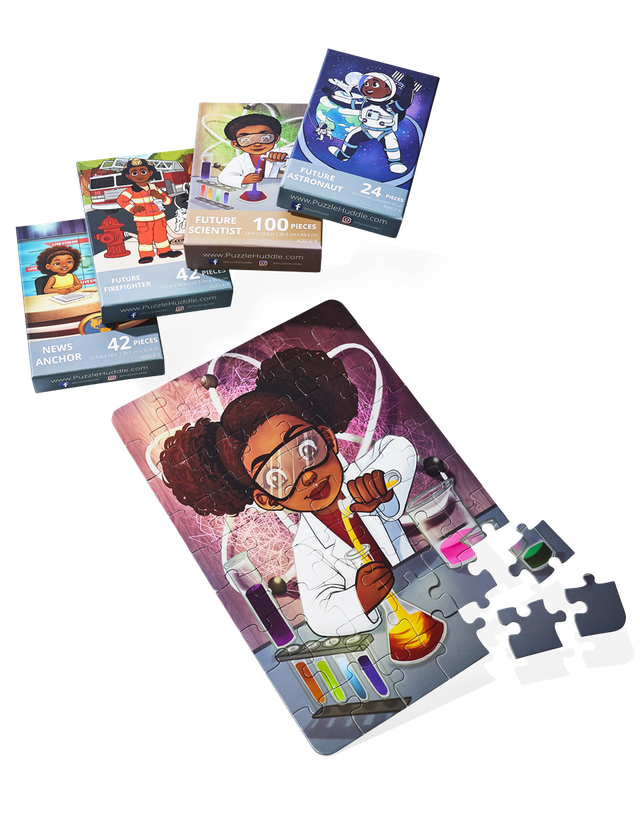 children's puzzle with the image of a little black girl scientist