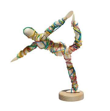 wooden artist model covered in elastic bands doing exercise pose