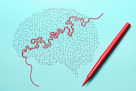 brain in the shape of a maze puzzle with red line going through