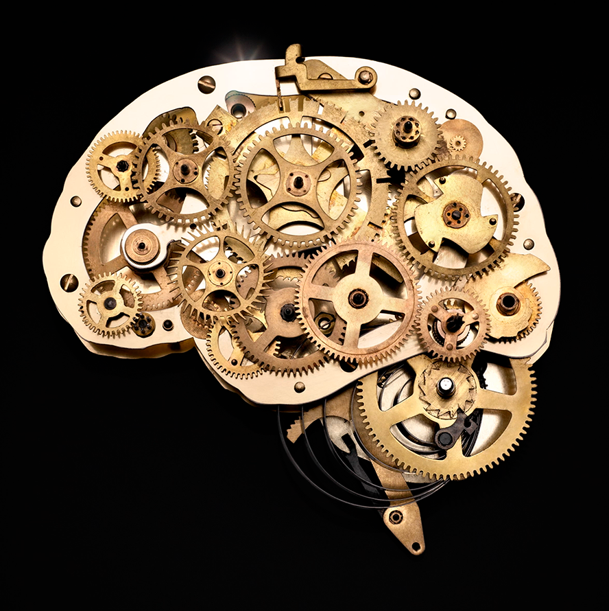 gold gears that create a brain on black background