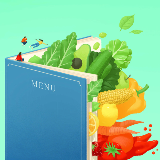 menu book with miniature people on top and vegetables coming out of its pages