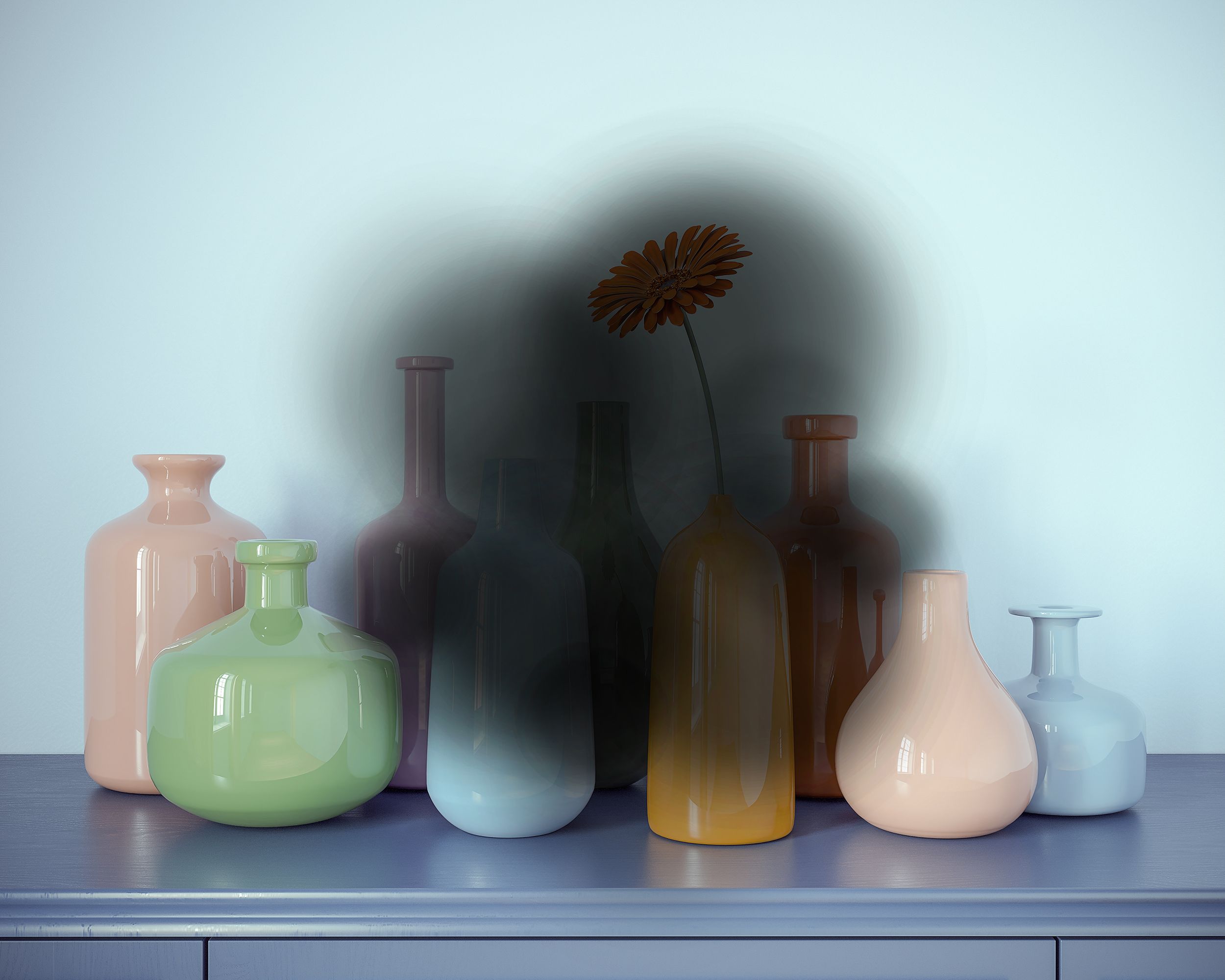 a group of vases with a flower in them with black spot overlay