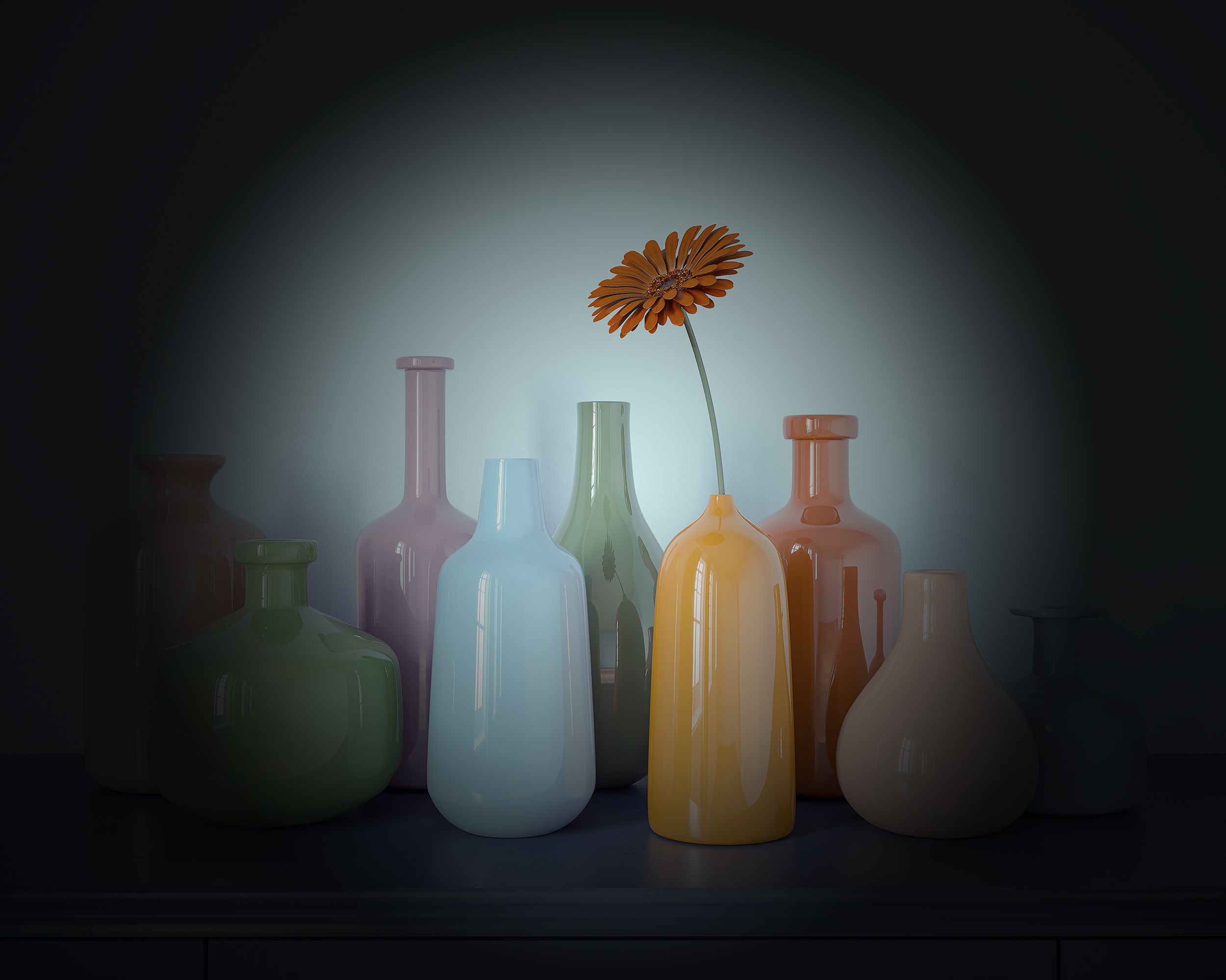 a group of vases with a flower in them with darkened outer edges
