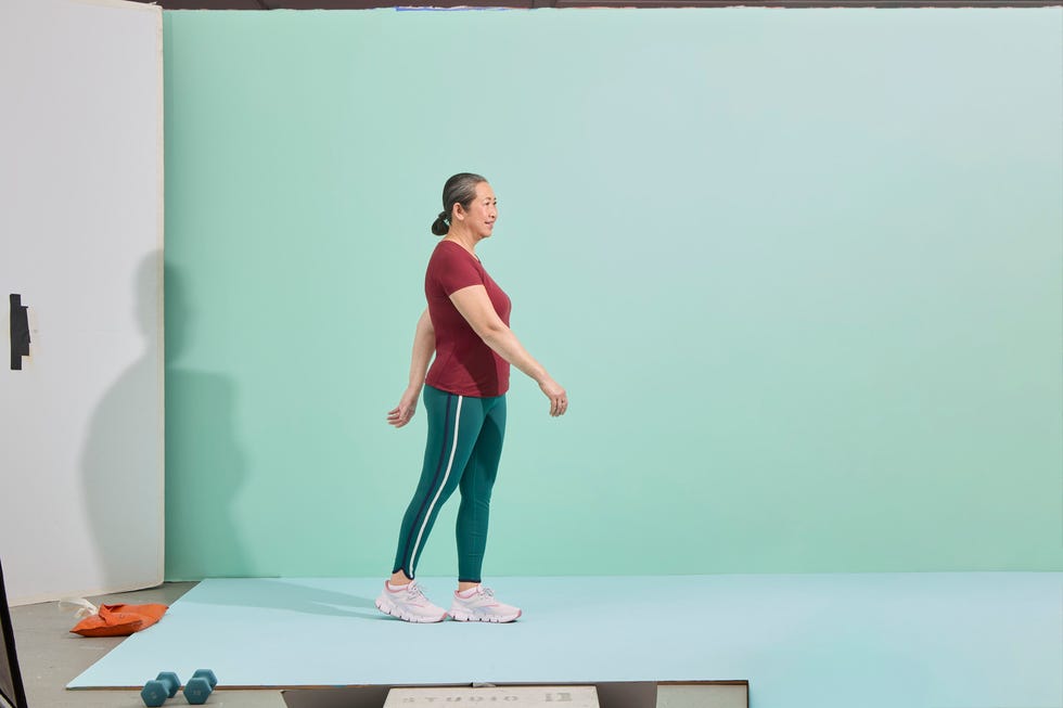 heel to toe walk. functional fitness moves. strength building exercise, workout for pain relief and aging.