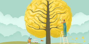 man clipping tree in shape of brain