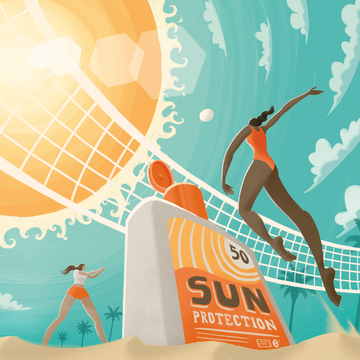 illustration of women playing volleyball in sun with sunscreen bottle close up