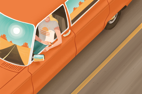 illustration of woman applying sunscreen on arm while in a car