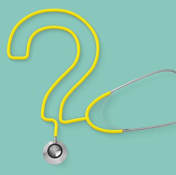 stethoscope shaped into yellow question mark on teal background