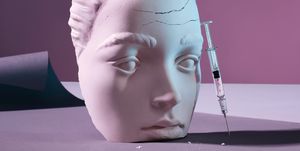 plastic surgery concept\, botox treatment\, injectables\, cosmetic procedures\, cosmetic surgery\, fillers sculpture of a woman's head with a syringe aging, anti aging