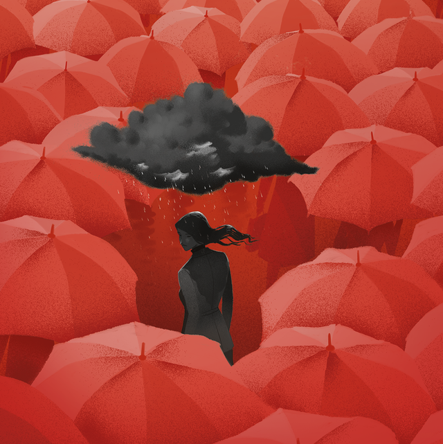 gray woman with gray cloud in sea of red umbrellas