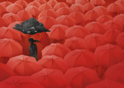 gray woman with gray cloud in sea of red umbrellas