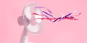 2at0ra0 electric fan with fluttering ribbons on color background menopause