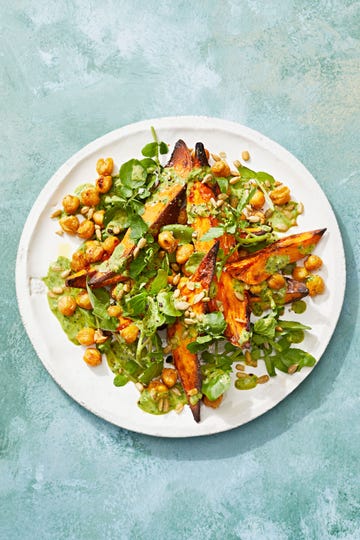 roasted sweet potatoes and chickpeas with watercress