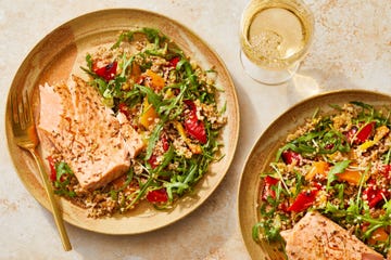 roasted pepper bulgur with fennel spiced salmon