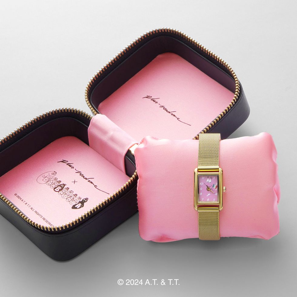 a pink wallet with a watch