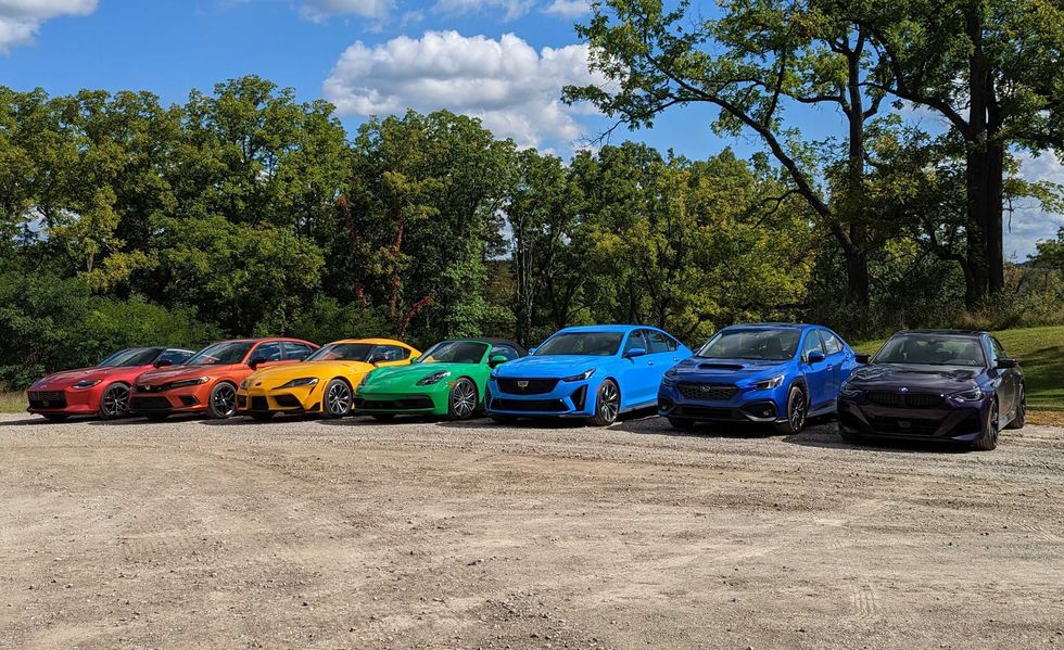 a rainbow of sports cars