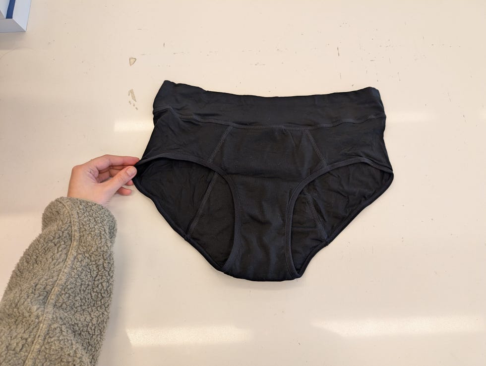 a pair of black bambody period underwear on a white table, good housekeeeping's best period underwear