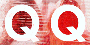 two friends under a red, faded background with the letter q repeated 4 times