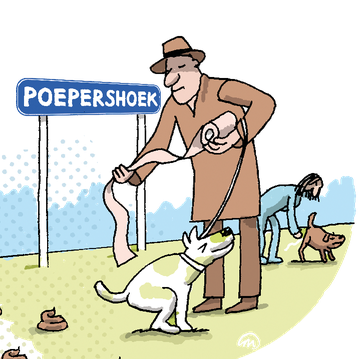 illustratie van man die hond laten poepen naast plaatsnaambordje 'poepershoek'