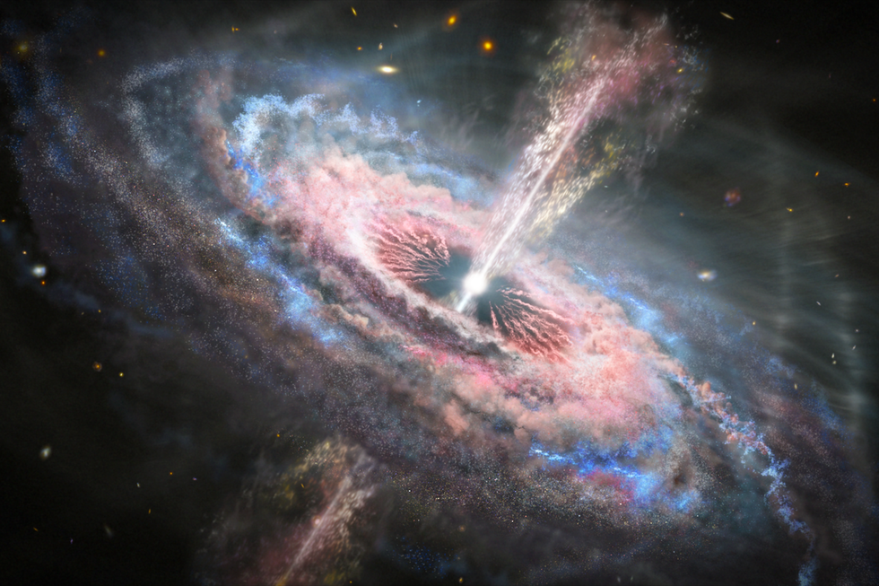 artist concept of a galaxy with a brilliant quasar at its center