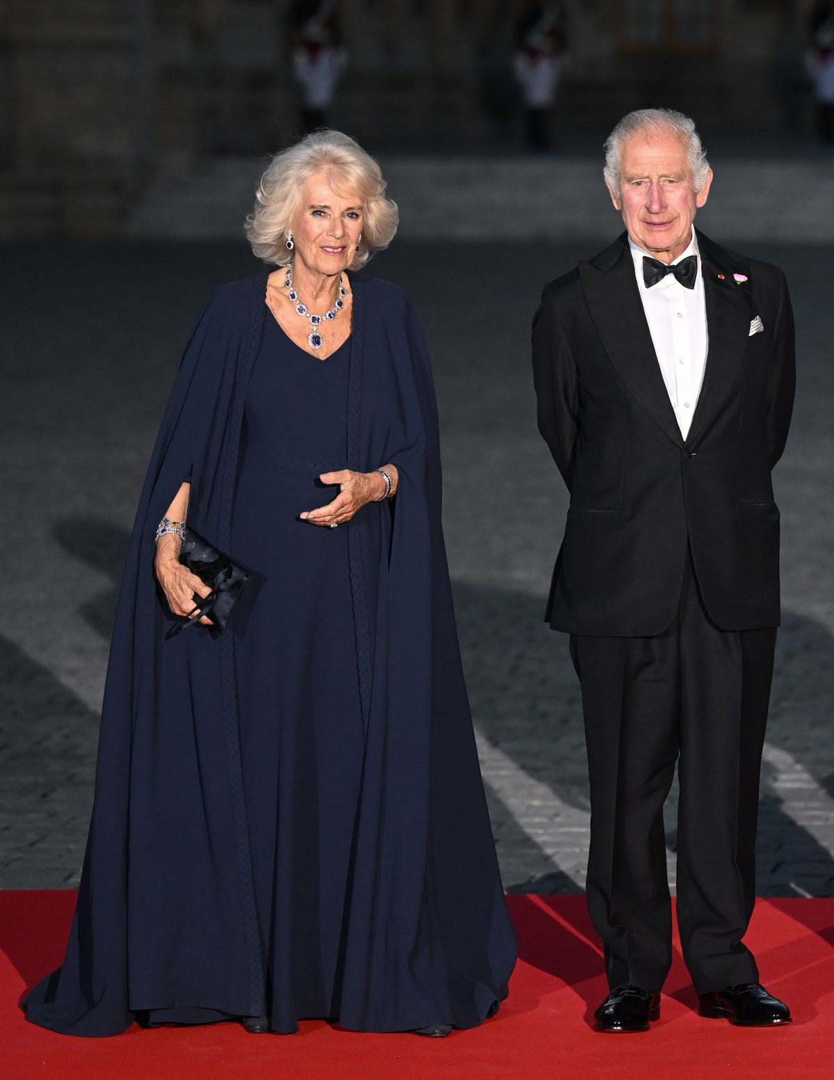 Queen Camilla wears Dior couture to a state dinner at the Palace of Versailles