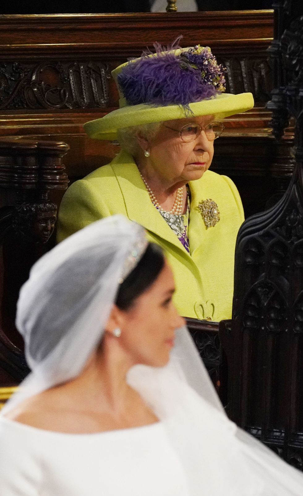 Queen Elizabeth II during the royal wedding ceremony at St. George's Chapel.
